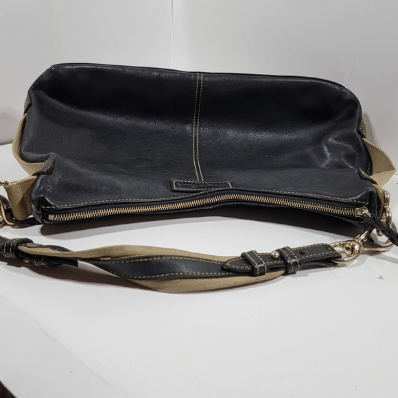 Dooney & Bourke Black Leather Tan Canvas Hobo Bag - Picture 6 of 13